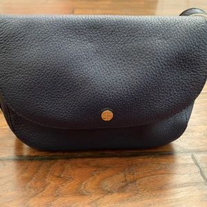 Talbots Navy Blue Leather Shell Shoulder Bag with Embossed Logo on Inside pocket